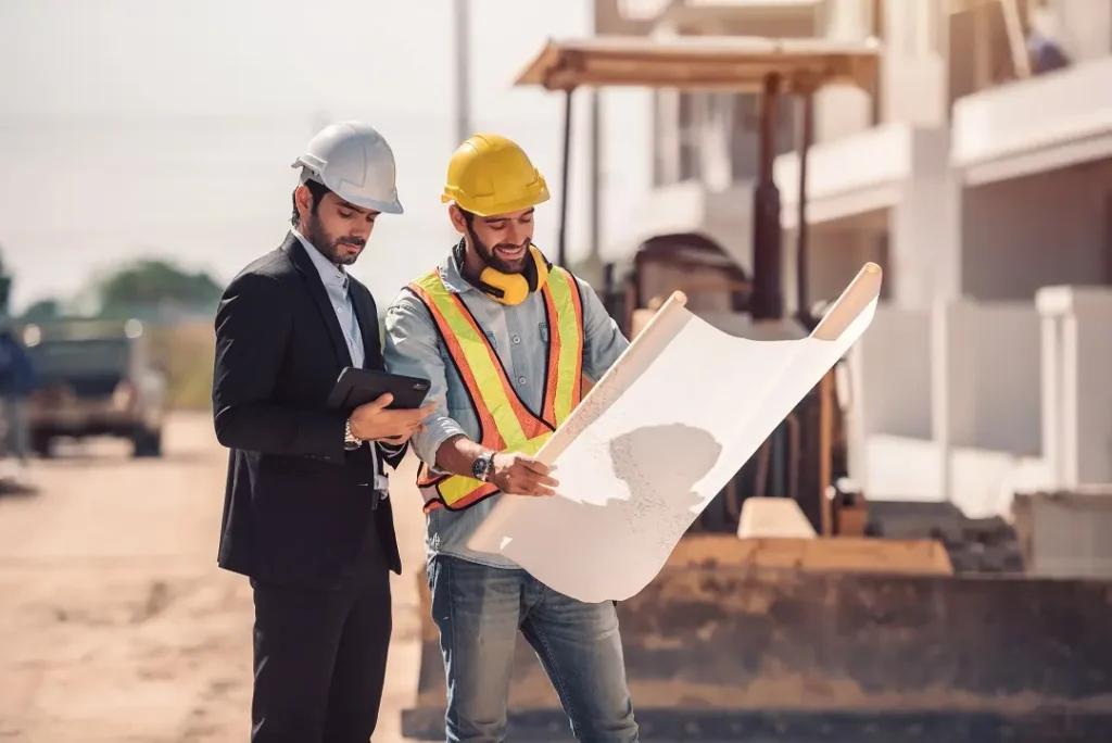 Civil engineer construction worker manager holding digital tablet blueprints talking planing about construction site cooperation teamwork concept e1751285064928 1024x684